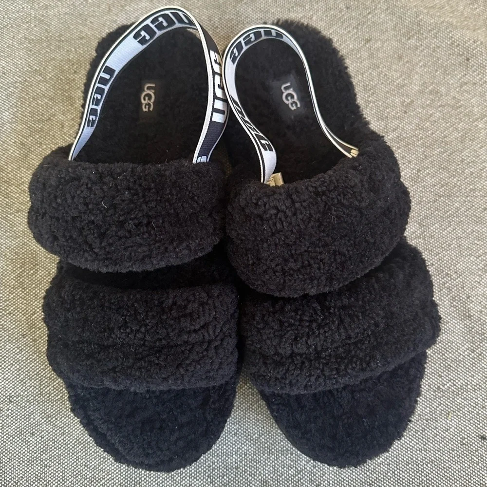 UGG “Oh Fluffita” Black Platform Slingback Slippers Size 10 Like New!